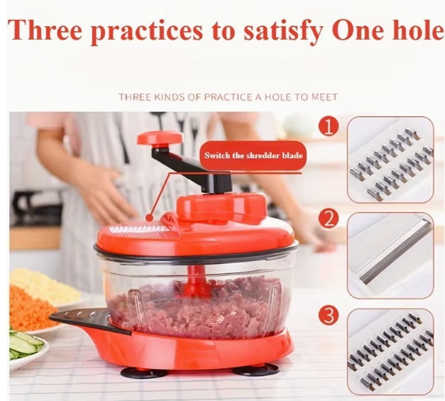Multi-Functional Manual Food Processor - Vegetable Chopper, Garlic Press, Hand Crank Mixer with Transparent Container for Vegetables, Meat, Fruits, Nuts, Herbs, and Green Onions (Includes Base)