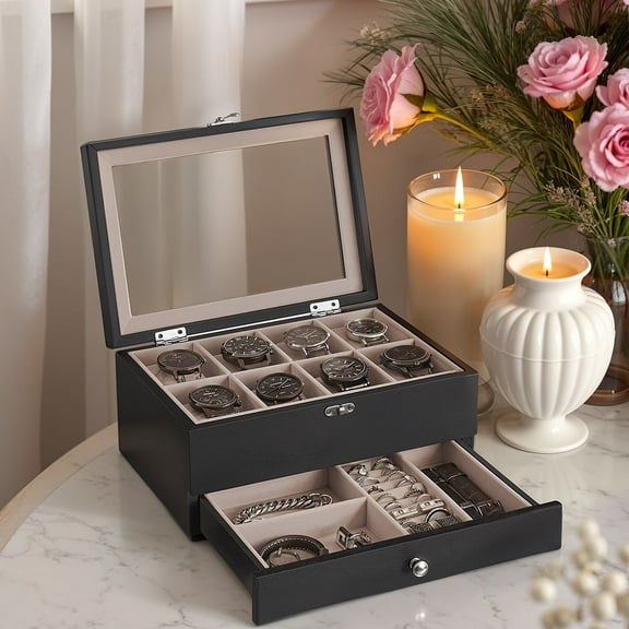 LEDREM 2-Tier Wooden Watch Box with 8-Slot Display, Large Glass Lid & Removable Pillows, Velvet-Lined Jewelry Organizer, Ebony Black