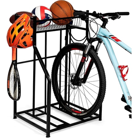 2 Bike Stand Rack with Storage - Compact - Great for Parking Road, Mountain, Hybrid or Kids Bikes - Garage Organizer - Helmet - Sports Storage Station