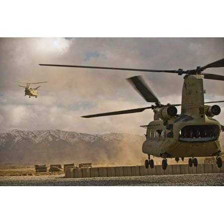 US Army CH-47 Chinook helicopters depart a military base in Afghanistan Poster Print by Stocktrek
