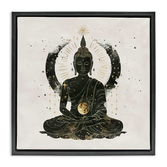 Stupell Industries Sitting Buddha Sun Rays Religious & Spiritual Painting Black Floater Framed Canvas Art Print Wall Art, 18 x 18