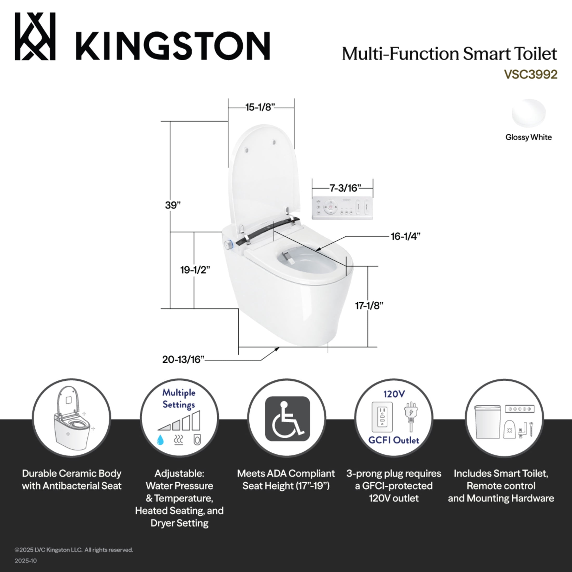 Kingston Brass VSC3992 Upton Smart Toilet, White