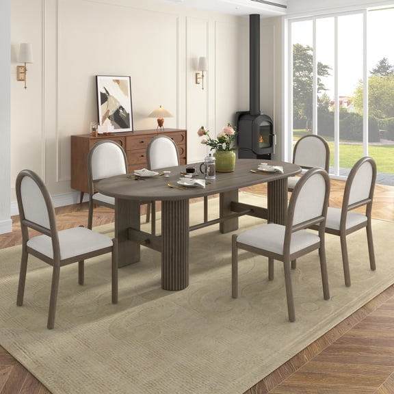 Euroco 7-Piece Dining Table Set for 6, Oval Kitchen Table with Fluted Legs,Pedestal Base and 6 Upholstered Chairs, Wood Dining Set for Kitchen,Espresso