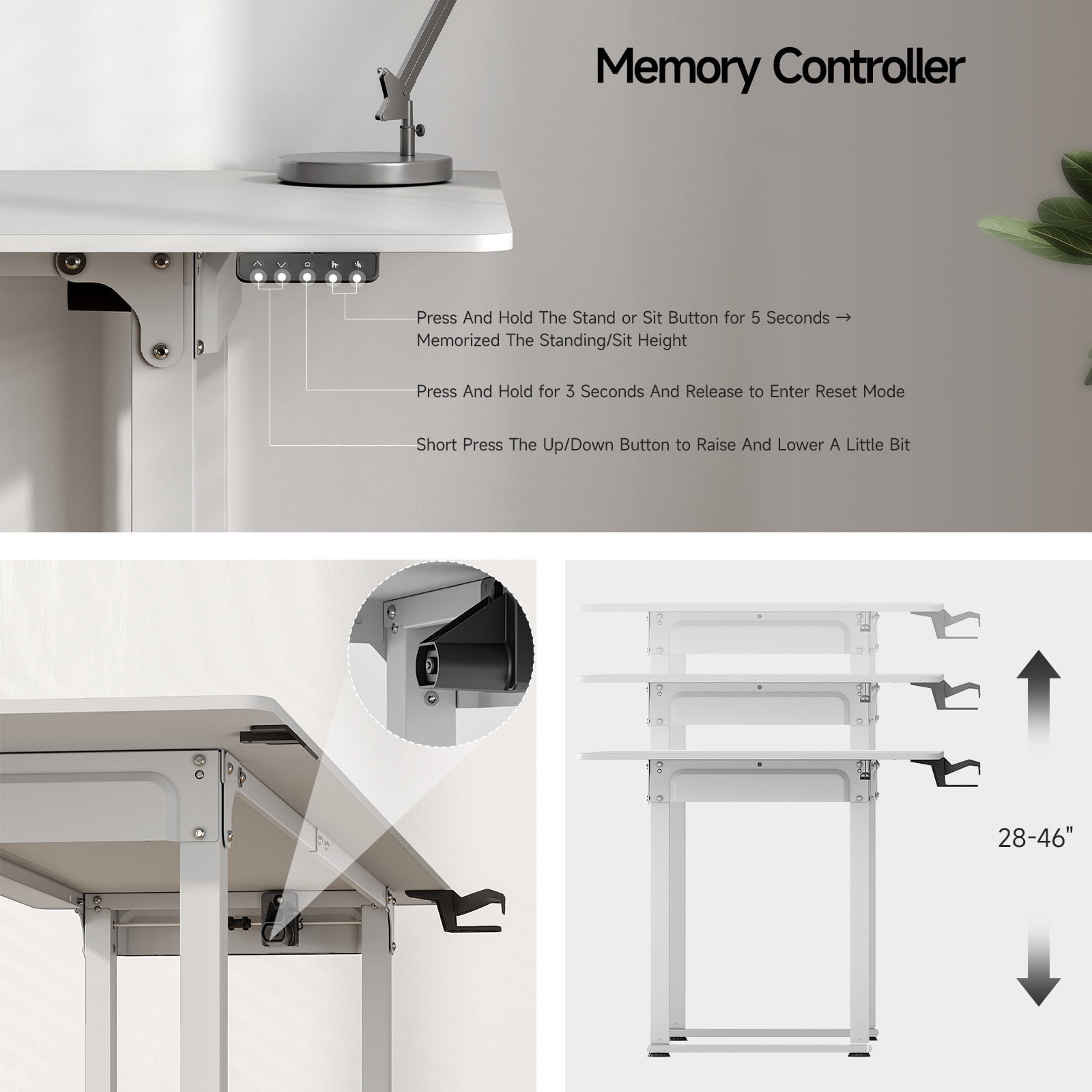 71x32 Inch Rectangular Standing Desk, Features a Sturdy 4-leg Design, Dual-Motor Lift System, and Memory Settings. Height adjustable from 28 to 46 Inches for Home Offices and Computer Work, White