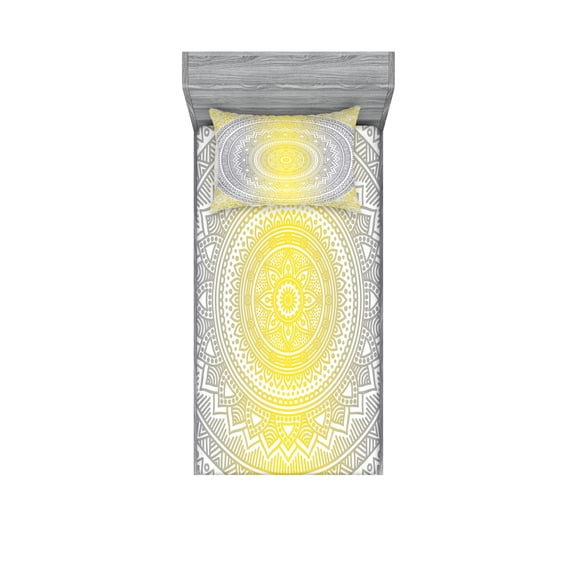 Ambesonne Mandala Fitted Sheet & Pillow Sham Set, Pale Colored Ombre, Twinxl, Grey Yellow