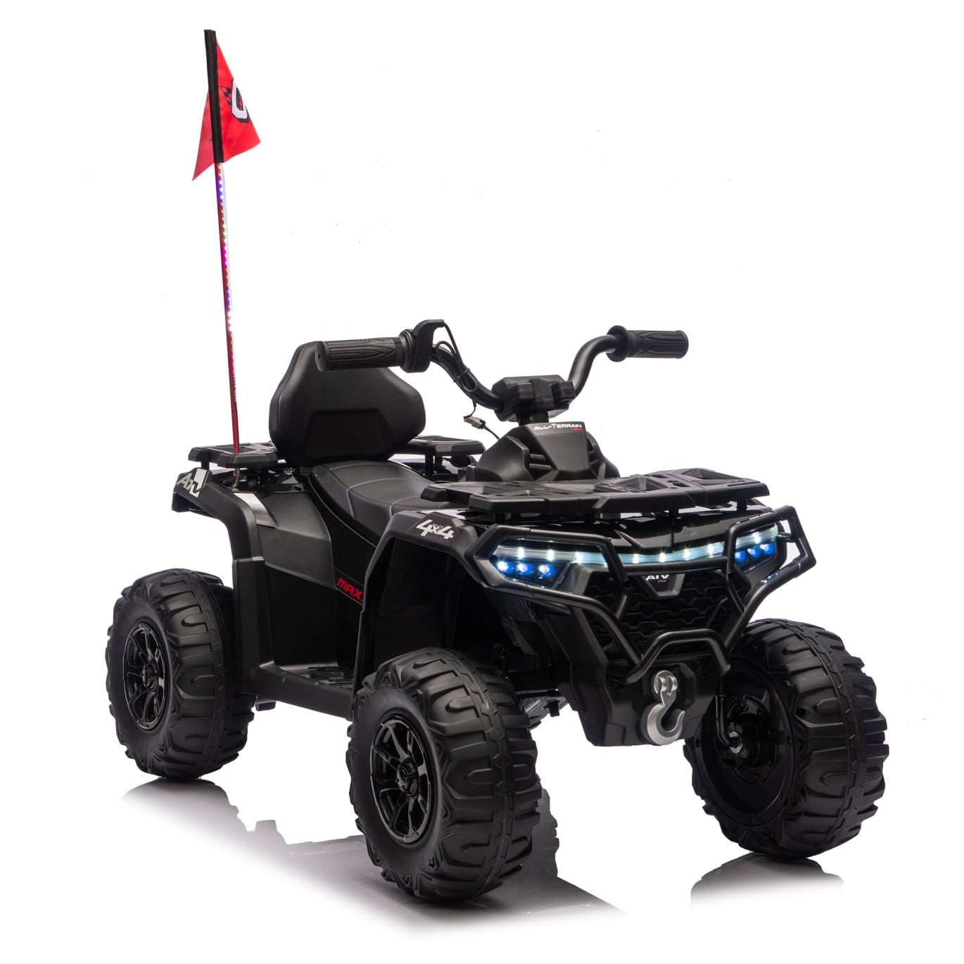 24V Electric Ride-On ATV, 2WD Electric 4-Wheeler with Decorative Flags, Built-in Music, USB Port, Electric Ride On Car for Kids 3-6, Black