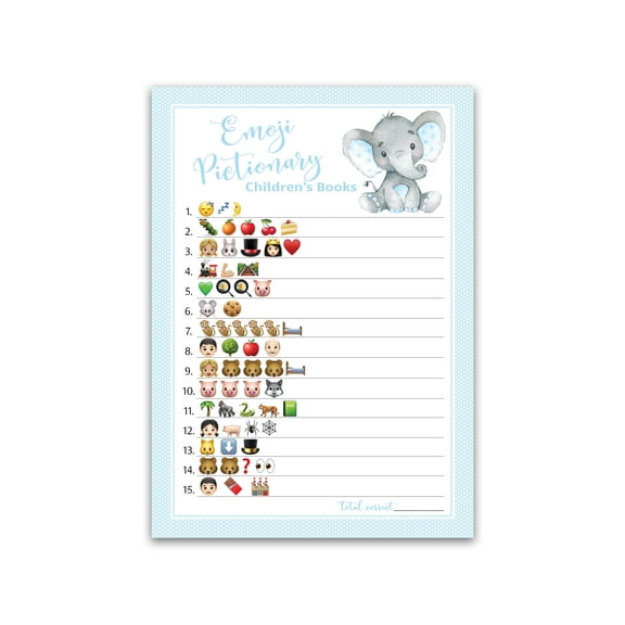 BLUE Emoticons Baby Shower Game — Pack of 25 — Pictionary Children's Books Baby Shower Games, Blue Polka Dot, BLUE BABY ELEPHANT emoticons Games, BOY Baby Shower Games/Shower Activity G501-EMJ