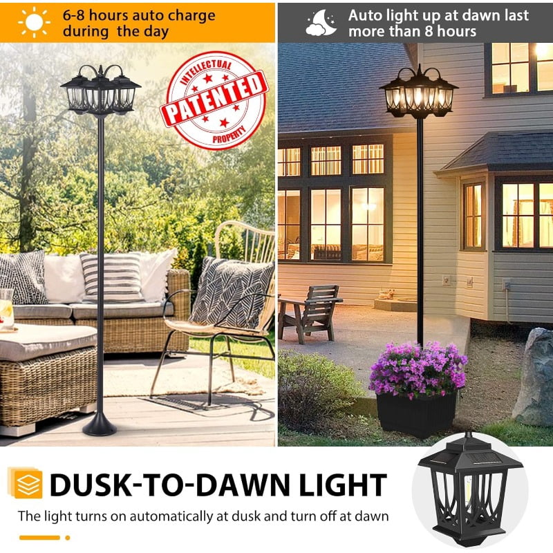 Hoodink 73" Solar Lamp Post with Planter, 3-Head Outdoor Waterproof LED, 3000K Warm White Garden Pathway Lighting