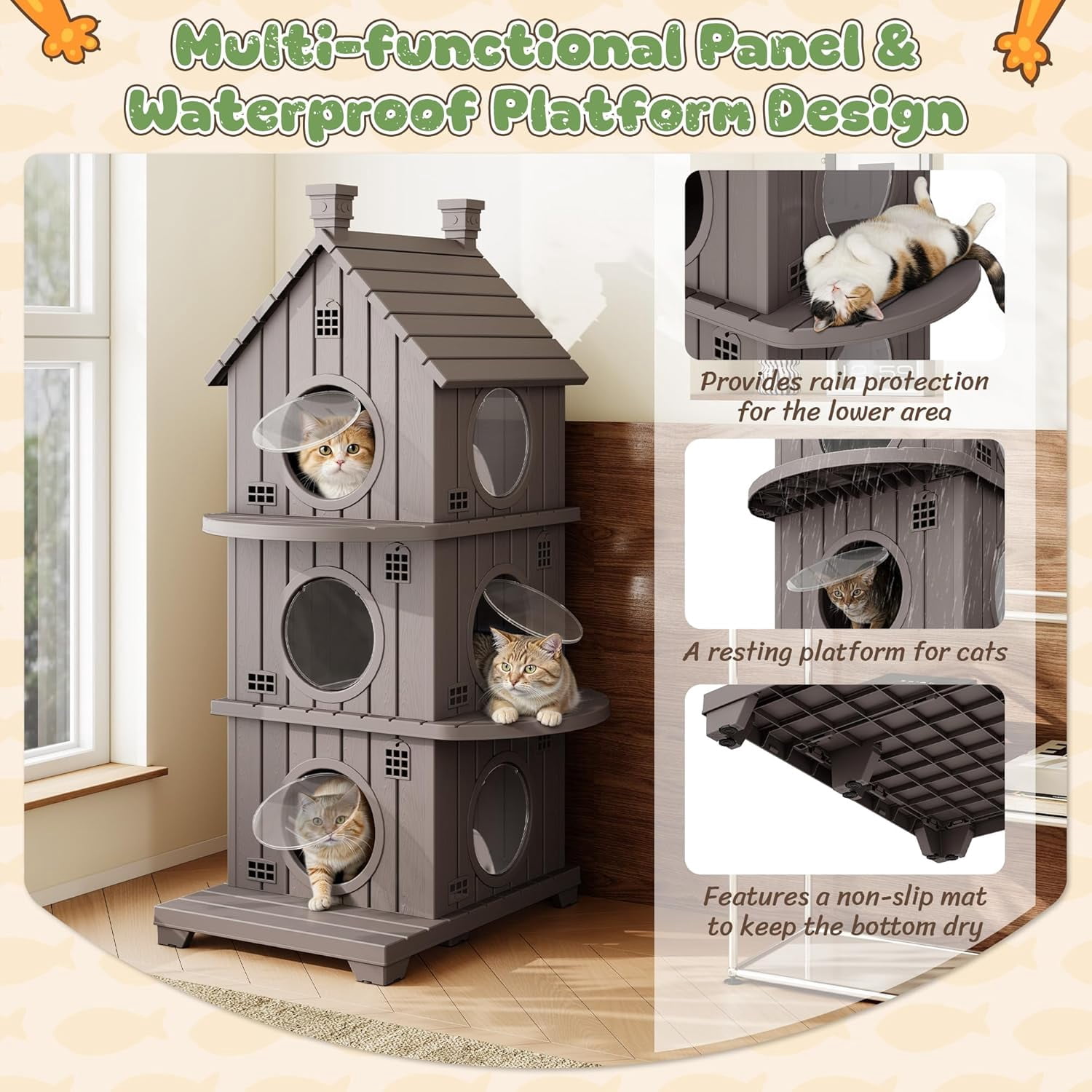 FICARTS Indoor/Outdoor Cat House, Weather-Resistant Pet Shelter with Elevated Base, Multi-Entry Cat Cottage for Feral & Household Cats