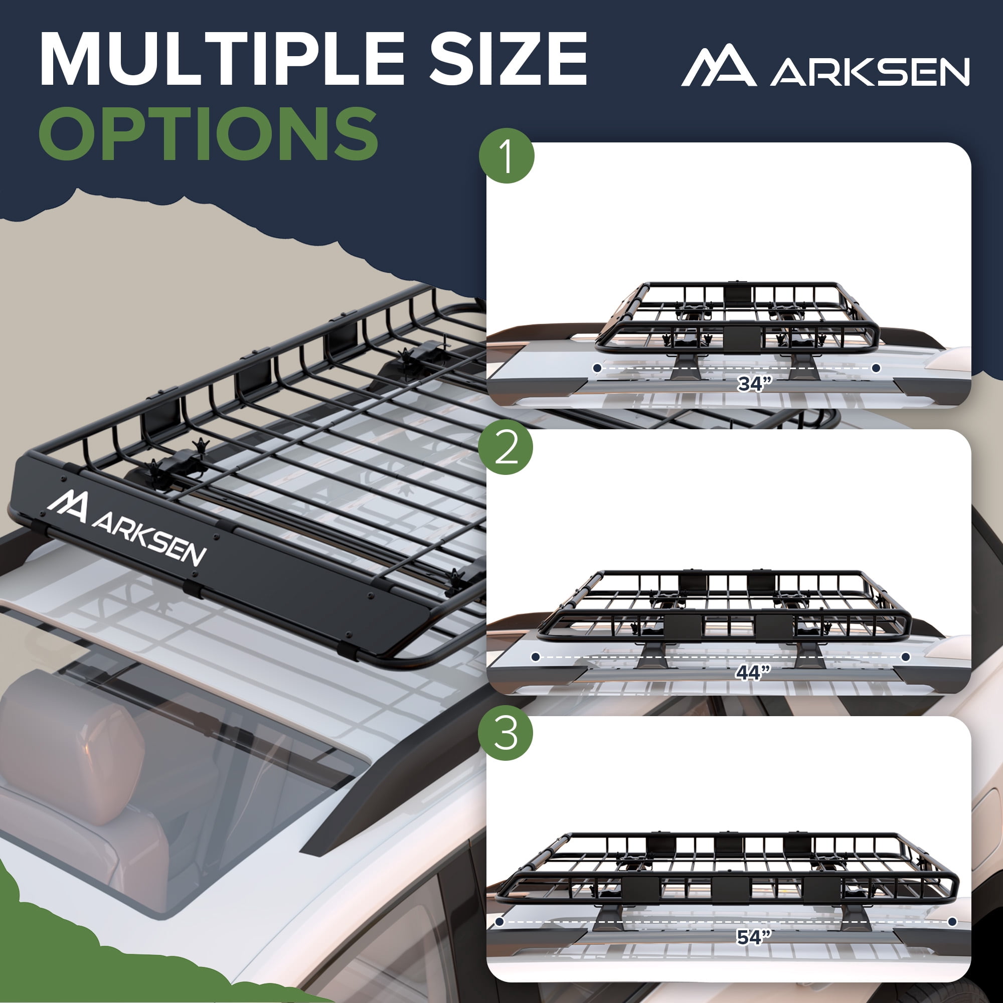ARKSEN 54 x 39 x 5 Inch Upgrade Universal Roof Rack with Waterproof Bag, Cargo Net&2 Ratchet Straps - 150Lbs Capacity Heavy Duty Cargo Carrier with Extension for Car, SUV & Pickup