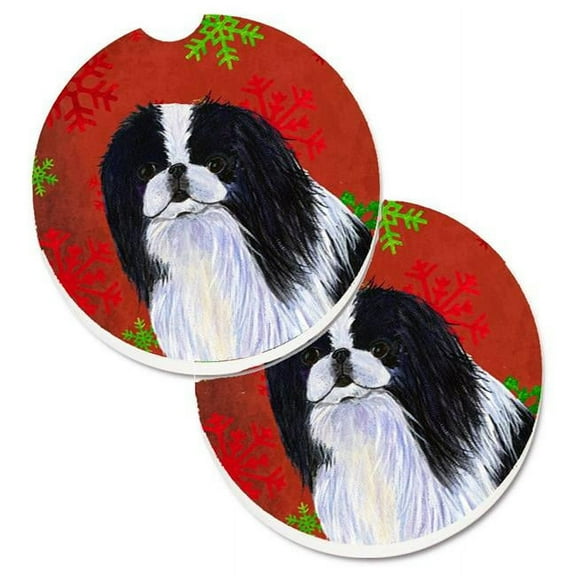 Japanese Chin Red & Green Snowflakes Holiday Christmas Set of 2 Cup Holder Car Coaster