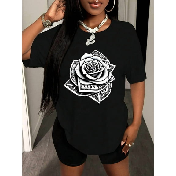 Simple Drop Shoulder T-Shirt With Roses And Dollar Bills Print Graphic Tees Women Tops