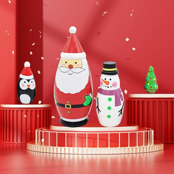 TETOU 4 Layer Christmas Russian Nesting Dolls, Wooden Santa Claus Penguin Snowman Matryoshka Stacking Dolls for Christmas Easter Birthday Gift