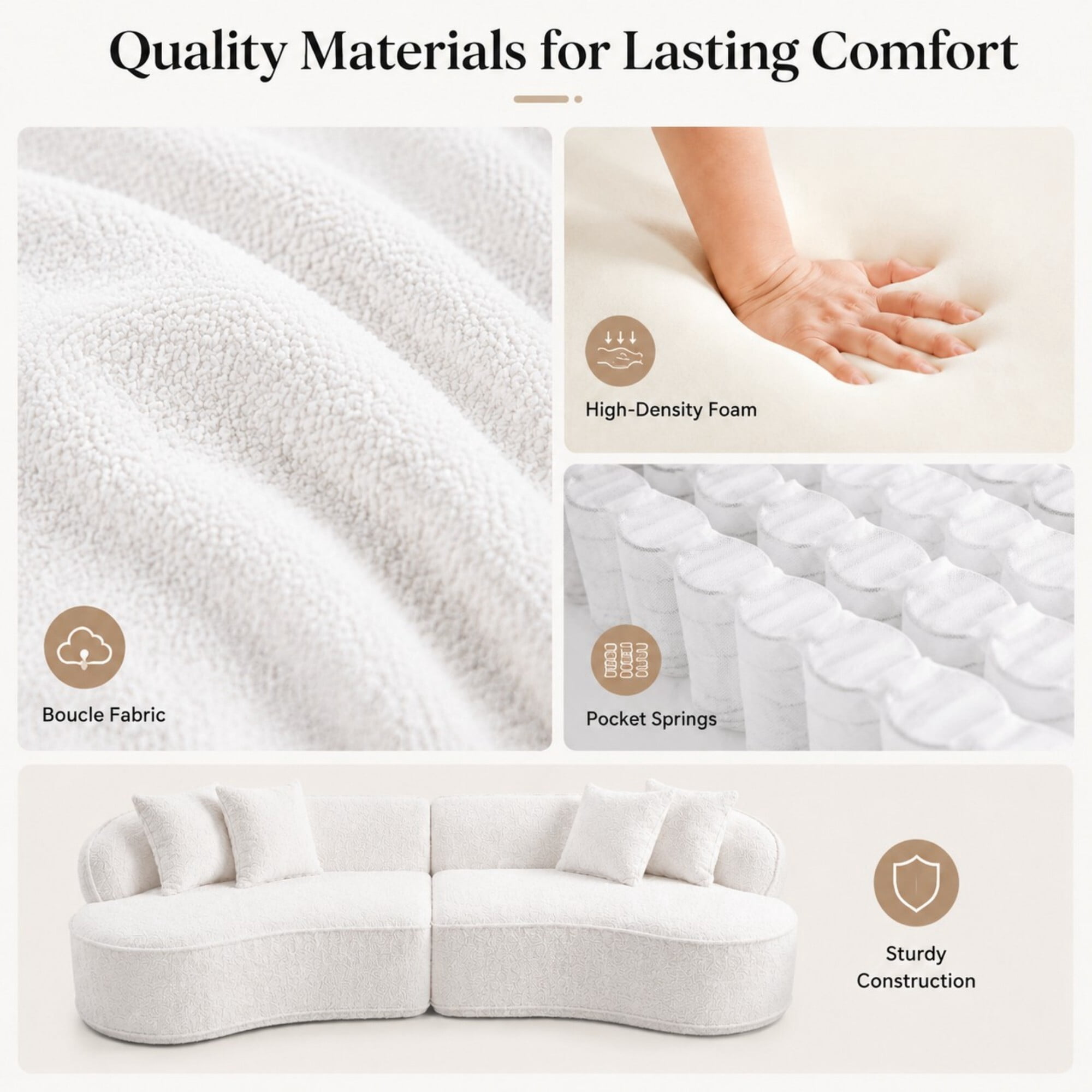 DEALTOPS 114" Modular Boucle Curved Sectional Sofa, 4-Seater Cloud Couch with No Assembly, White
