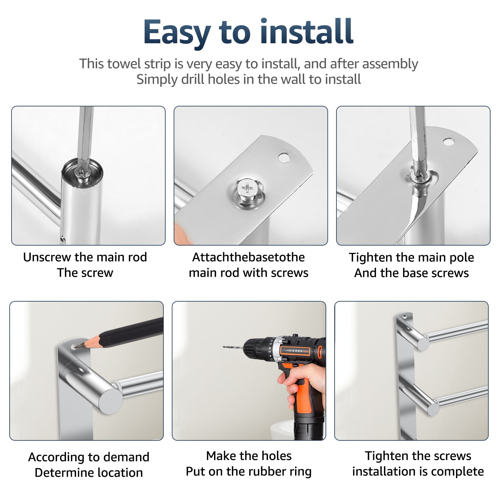 FKSZLL Towel Bars Hanger Stainless Steel Towel Rack, Three Tier Wall Mount Towel Holder, No Punch, Adjustable 17-29 inch with Hooks for Bathrooms and Kitchens