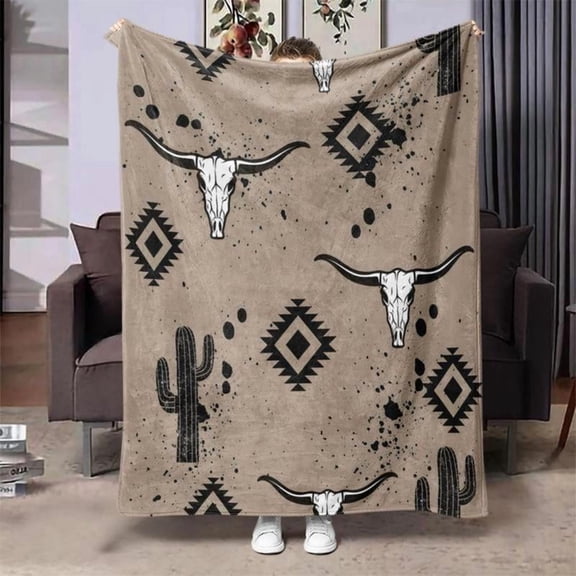 Soft Funny Throw Blanket Western Desert Cactus & Bull Head Pattern Air-Conditioned Room Warm Nap Blanket For Home Office Travel Camping