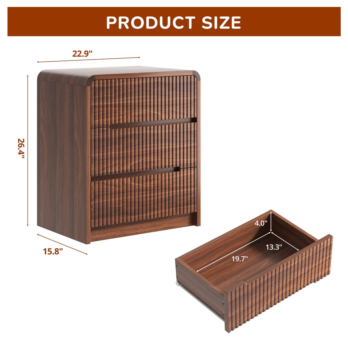 Fluted Dresser for Bedroom, 3 Drawer Dressers for Closet Small Wood Dresser Modern TV Stand, Wooden Clothes Storage Organizer Chest of Drawers for Living Room Hallway Entryway