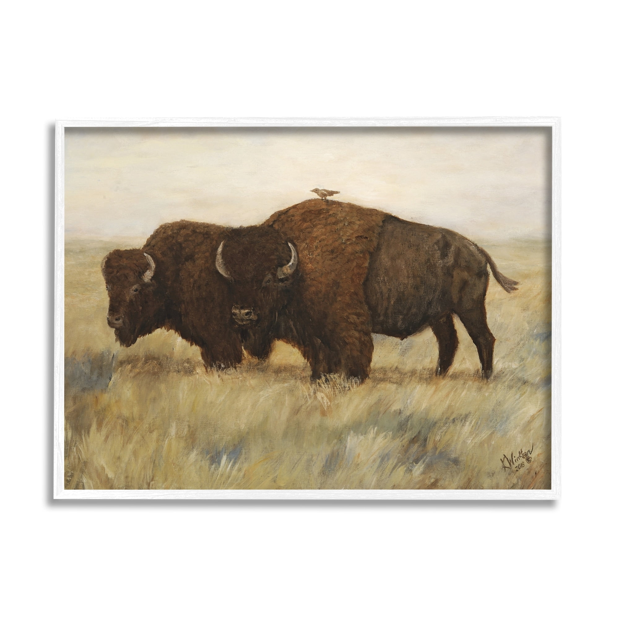 Stupell Industries Bird on Bison Rural Scene Animals & Insects Painting White Framed Art Print Wall Art