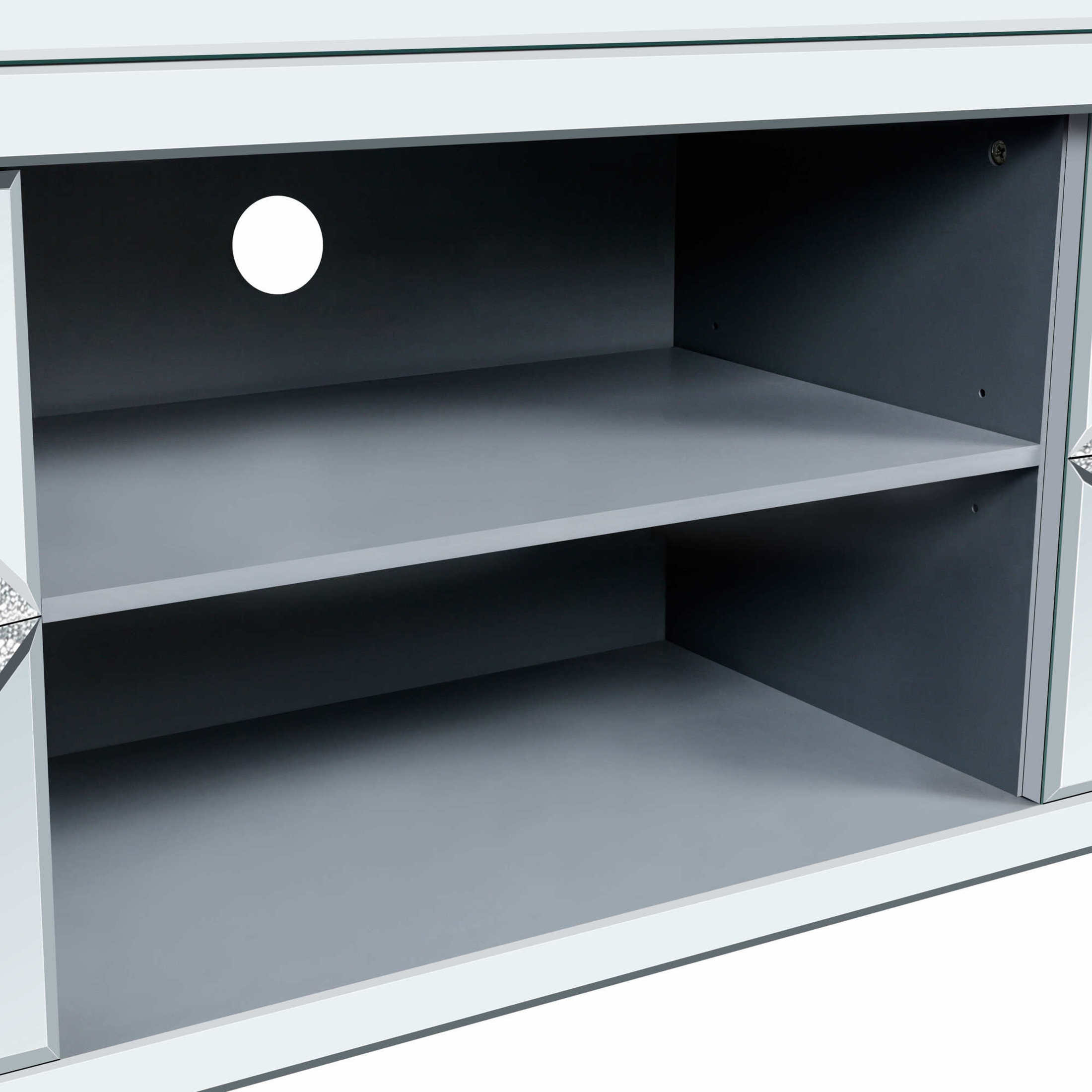 Noble House Mirrored TV Stand, 47" Diamond Glass Door Media Console with Dual Cabinets and Open Storage for 50" TV, Silver