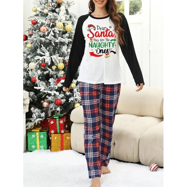 Conjunto de pijama de 2 piezas con estampado navideño para mujer, ropa de dormir de manga larga, Tops raglán + Pantalones a cuadros, ropa de estar por casa, nueva moda, 2023