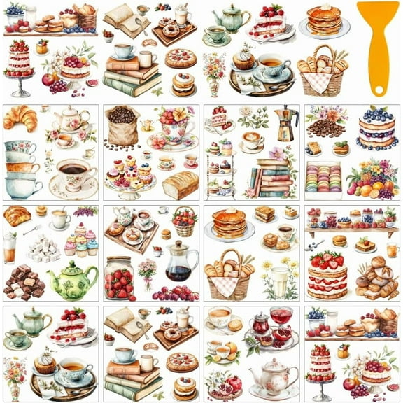 12 Sheets Rub On Transfer Stickers with Scraper Afternoon Tea Stickers with Snacks Coffee Bread Fruit