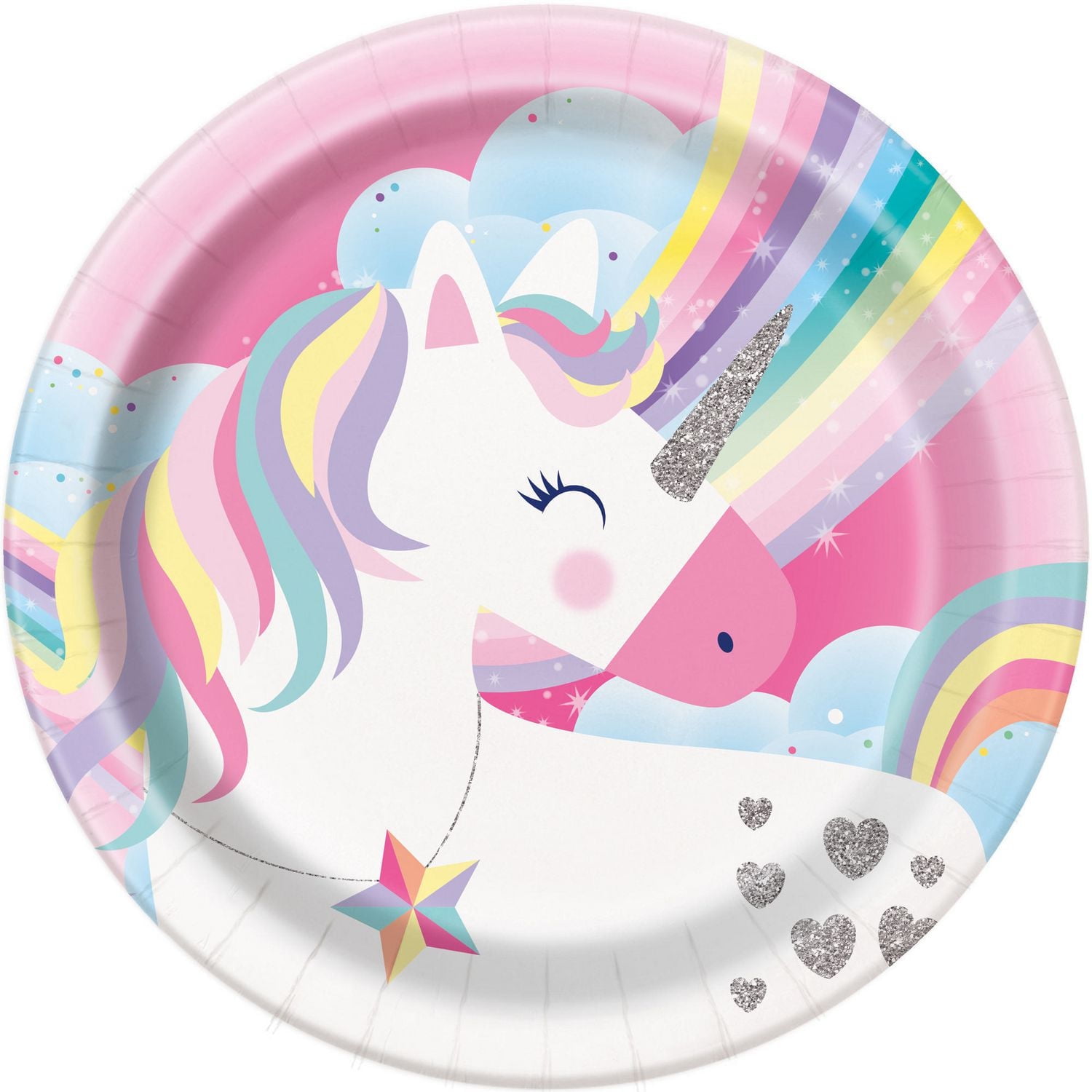Pink Rainbow Unicorn Round 9" Dinner Plates, 8ct, Disposable plates measure 9"