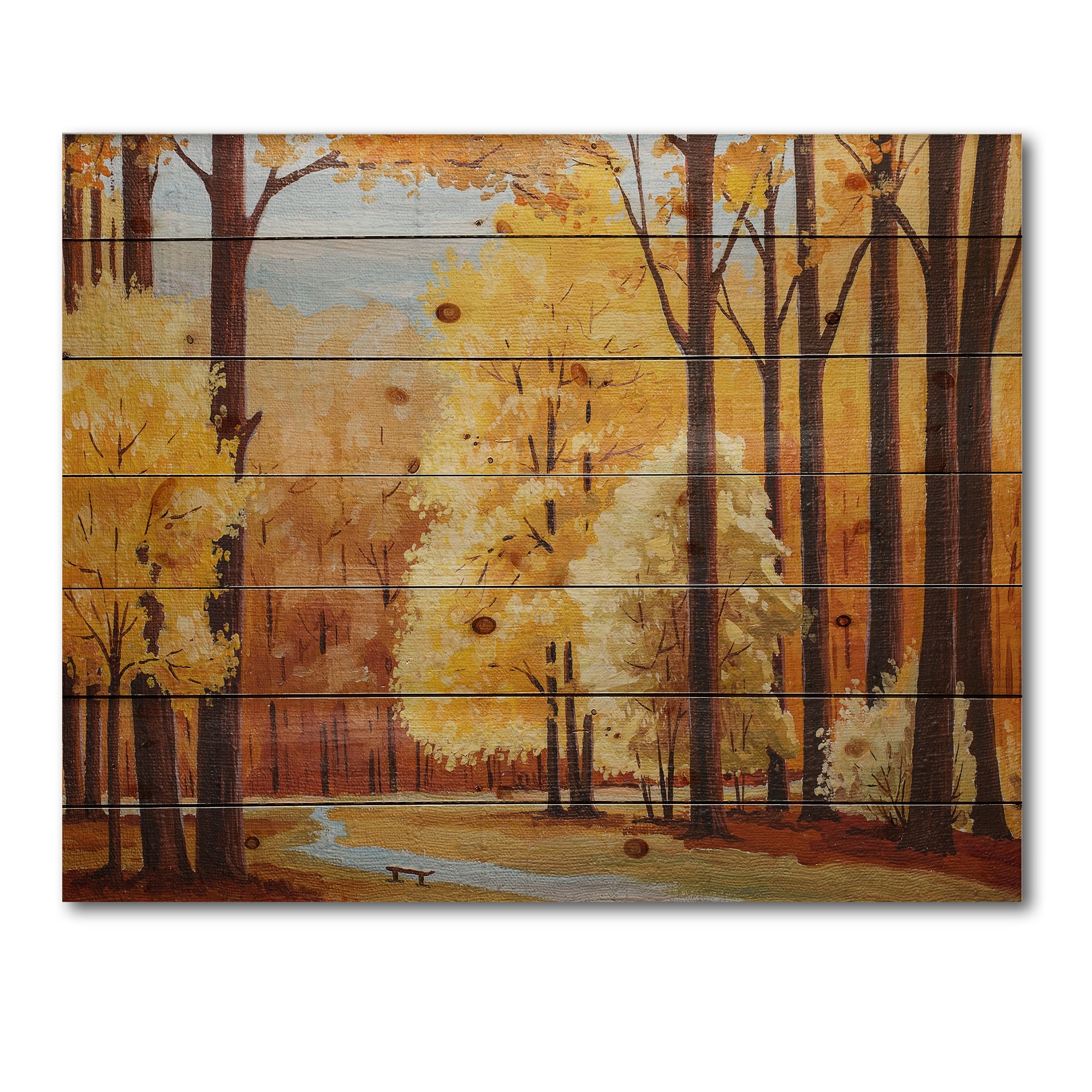 Designart 'Orange Autumn Trees At Sunrise' Farmhouse Print on Natural Pine Wood