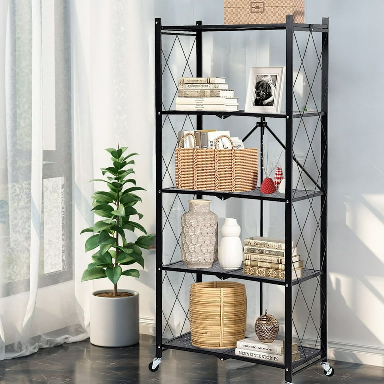 Organize It All 5 Shelf Foldable Metal Storage Shelves, Wheels, Adult, Kitchen, Laundry Room, Black