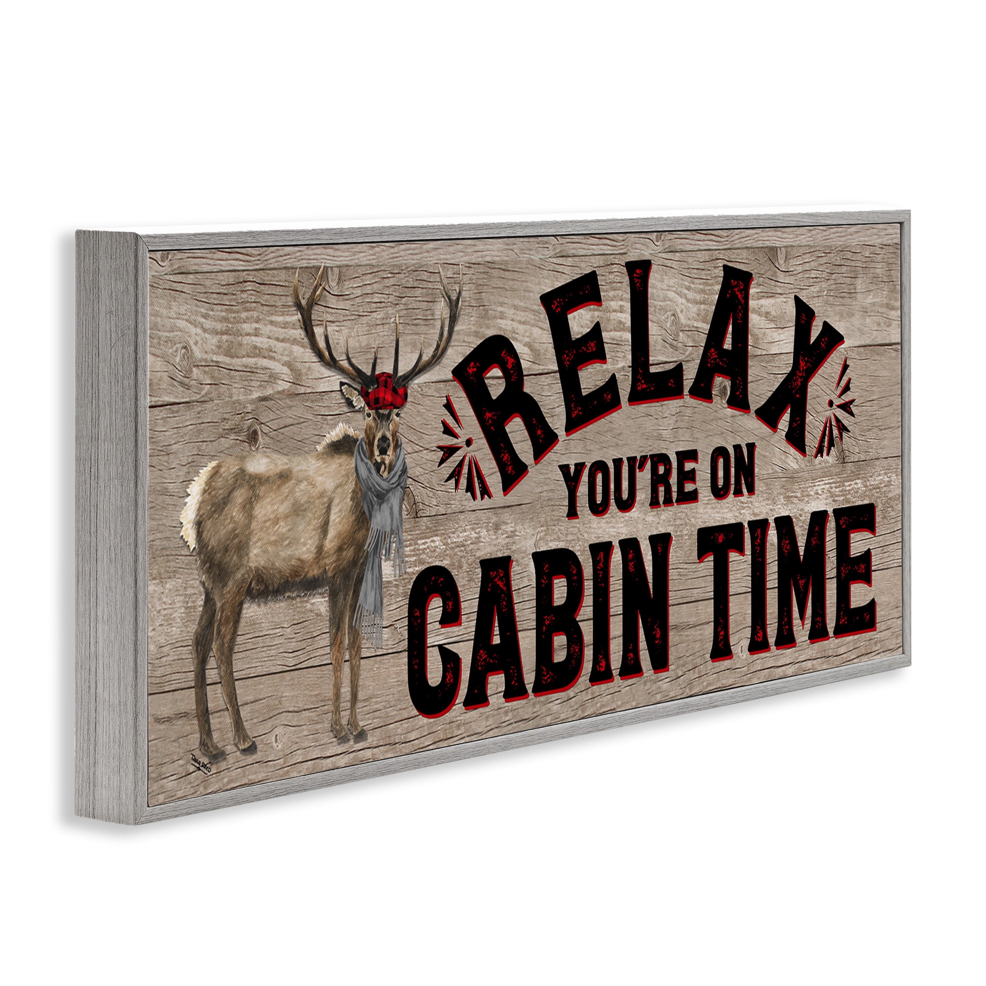 Stupell Industries Cabin Time Phrase with Deer Animals & Insects Painting Gray Framed Art Print Wall Art, 30 x 13