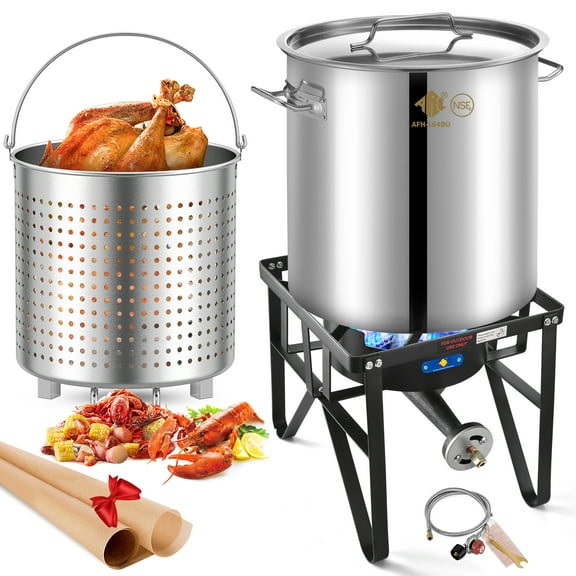64QT Stainless Steel Seafood Boil Pot with 200,000BTU Single Burner Propane Stove, Heavy Duty Propane Burner For Outdoor Cooking Turkey Fryer, Crawfish Boil, Homebrewing