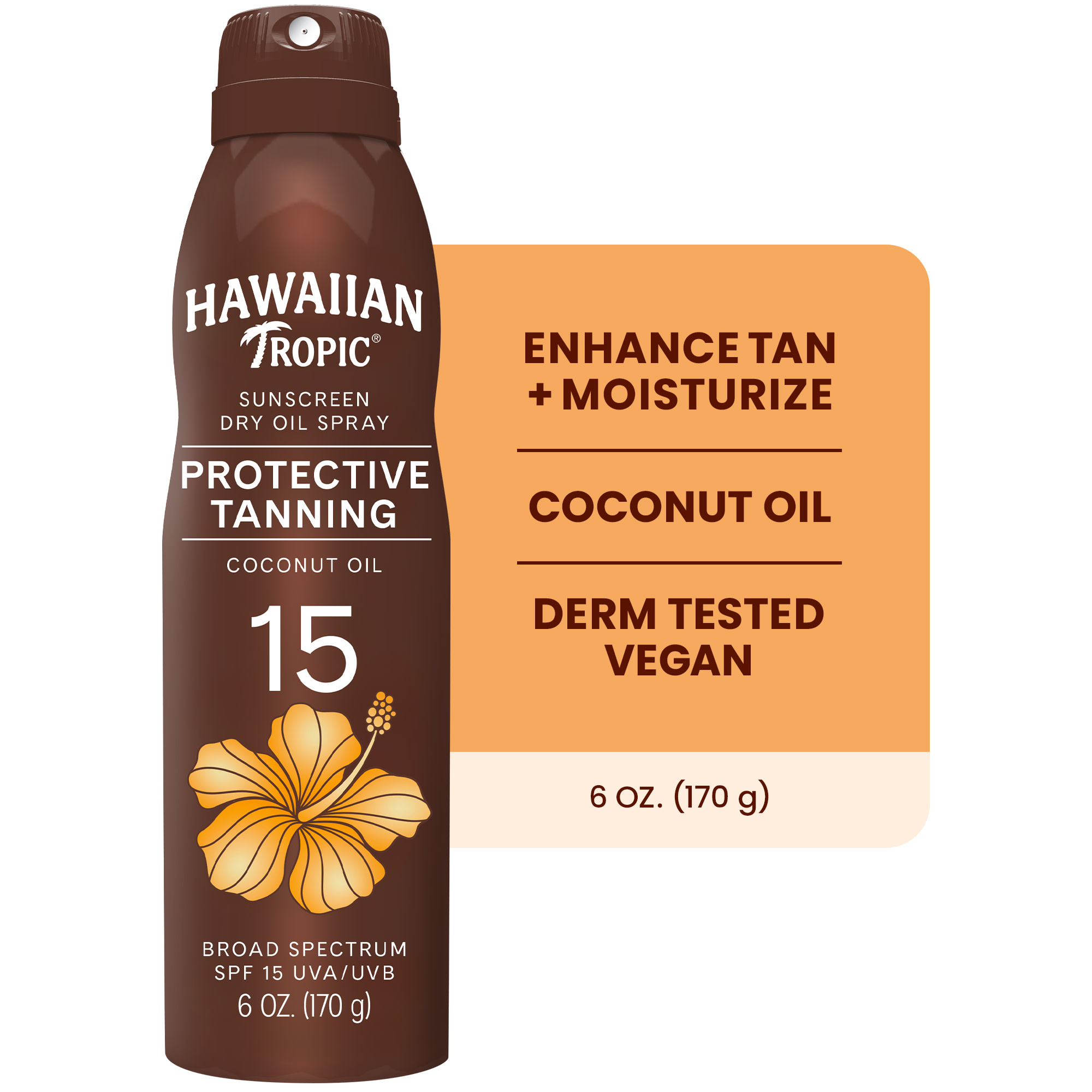 Hawaiian Tropic Protective Tanning Sunscreen, SPF 15, Dry Oil Spray, 6 oz