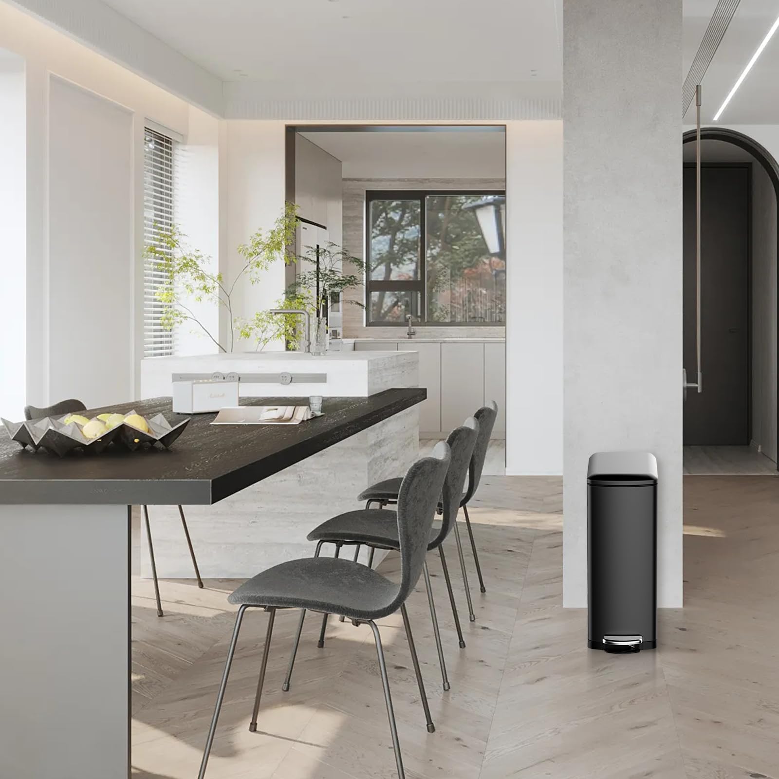 8 Gallon Kitchen Trash Can, Step-On Stainless Steel Slim Garbage Bin with Soft-Close Lid and Inner Wastebasket for Narrow Spaces in Office, Bathroom, Kitchen