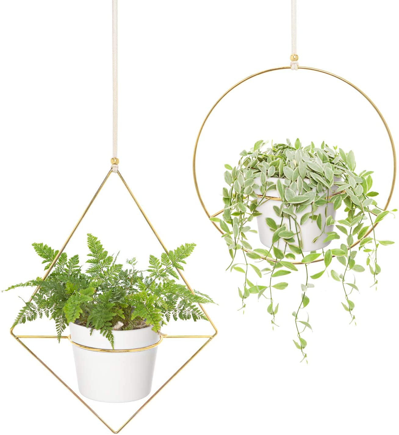 Finderomend Boho Hanging Planter Set of 2 Metal Plant Hanger with Pots,Mid Century Flower Pot Plant Holder in Triangle and Oval Shape Simple Modern Wall and Ceiling Haning Planter for Home Garden