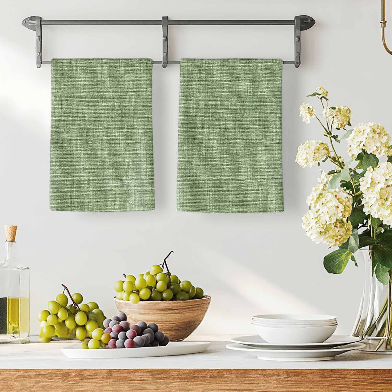 Grass Green Kitchen Towels Set of 3, Farmhouse Burlap Solid Green Modern Linen Texture Soft Microfiber Dish Towels, Absorbent Washable Dishcloths for Kitchen Cleaning, Drying Dishes, 18x28 Inches