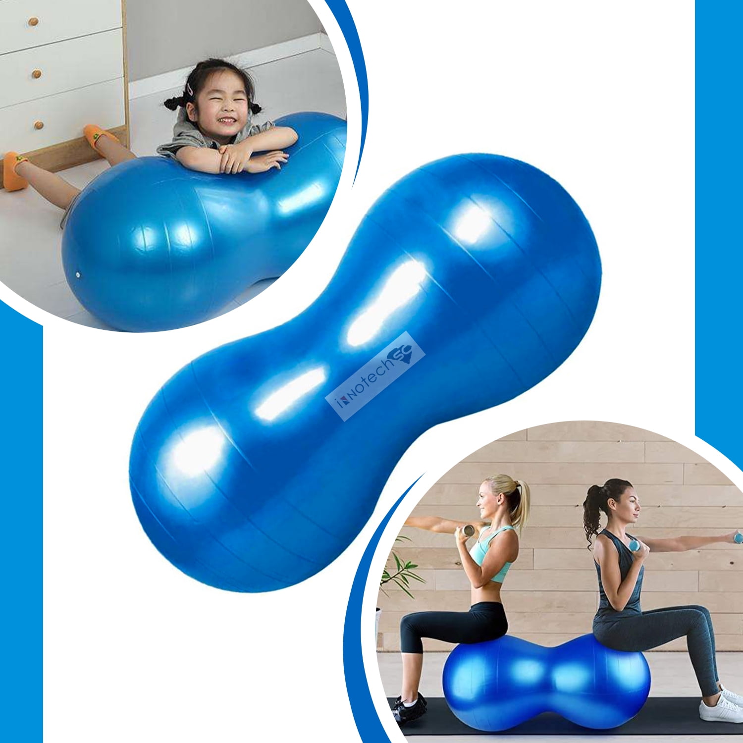 InnotechSC Peanut Ball – Anti-Burst Exercise Ball for Labor, Physical Therapy, Kids, Core Strength, Flexible Seating, Home & Gym Fitness, Sensory Chair Wiggle Seat (Includes Pump)- Blue