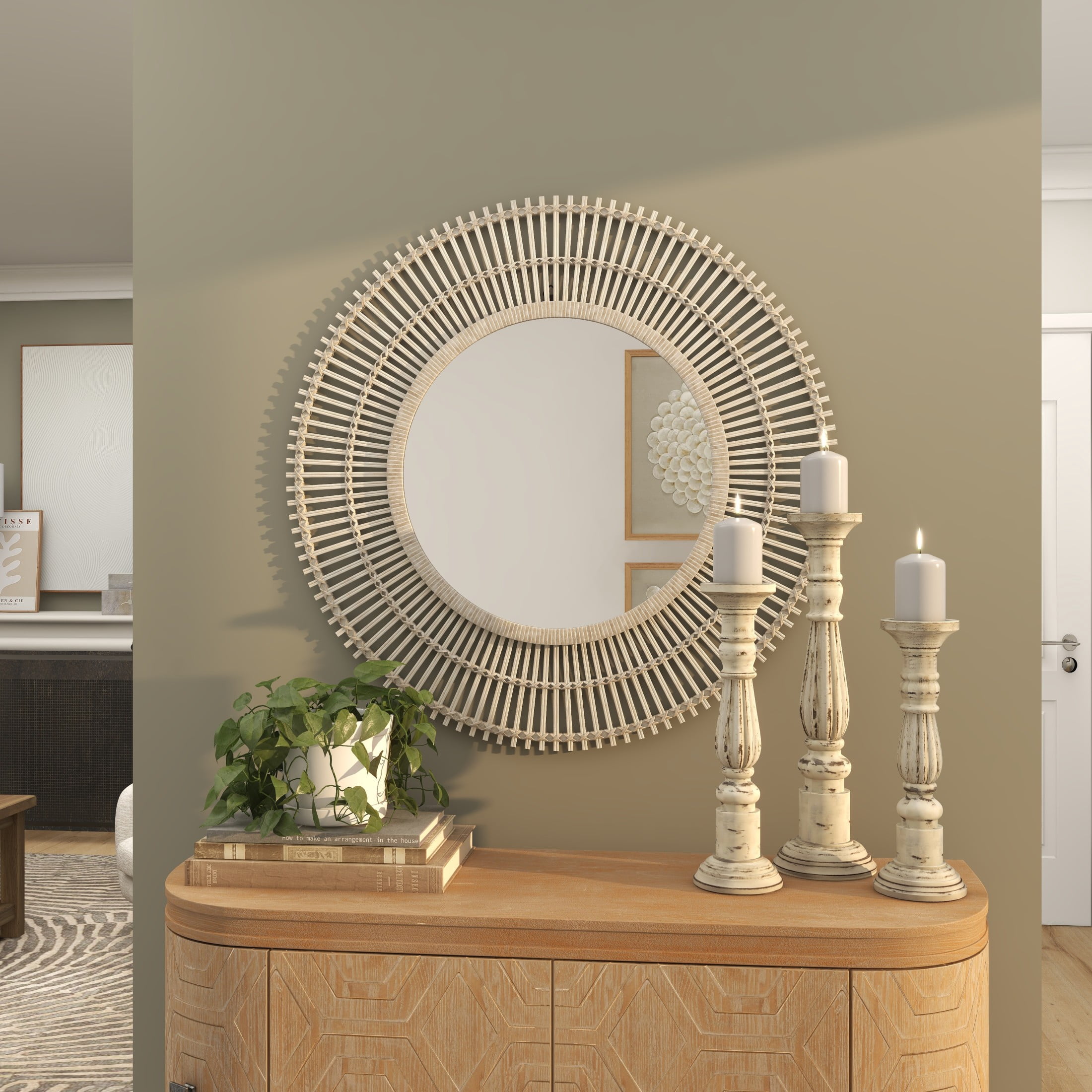 DecMode 36" x 36" Cream Handmade Stick Starburst Wall Mirror with Wrapped Rattan
