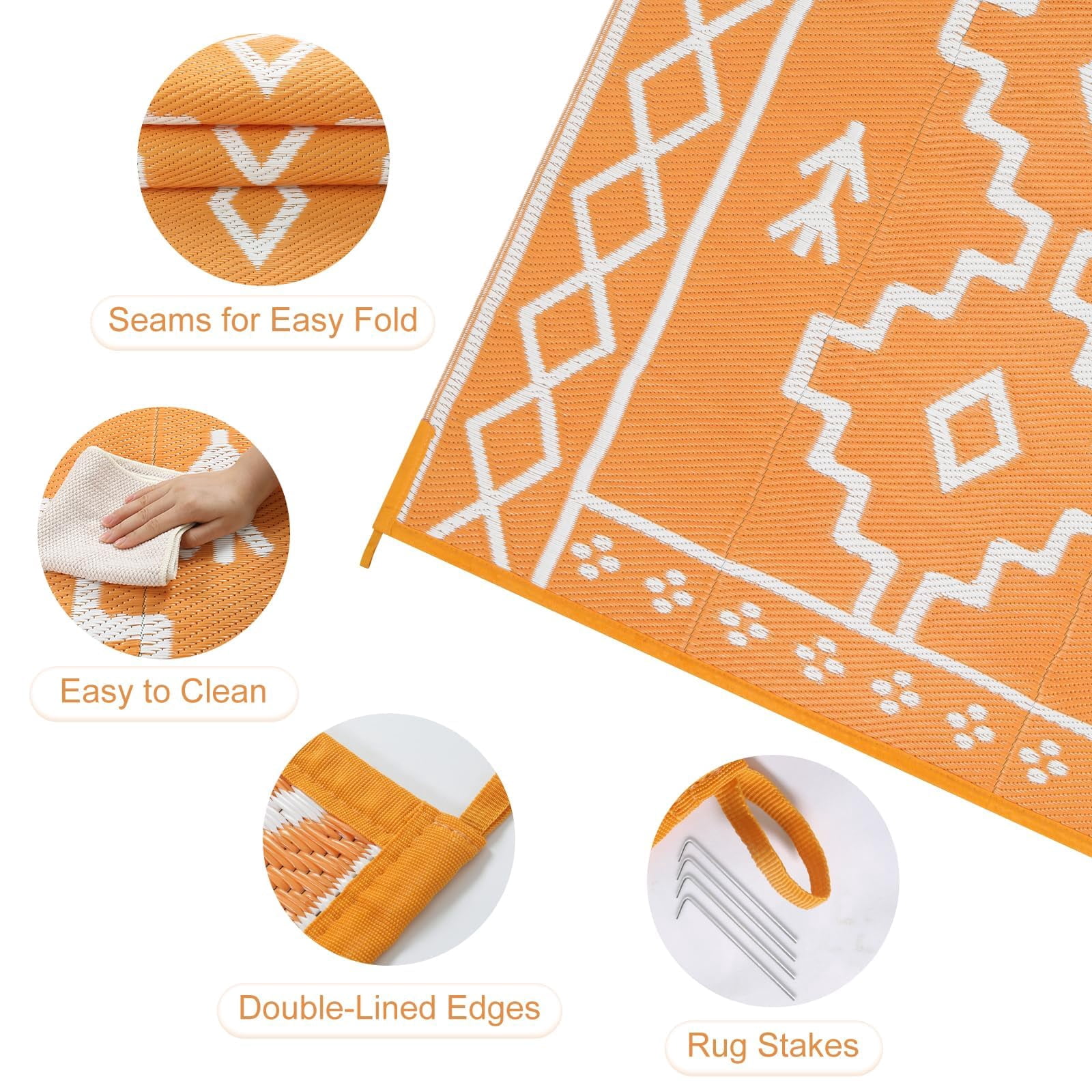 Wonnitar 6x9 Outdoor Rug Waterproof, Plastic Straw Rugs for Outside, Large Portable RV Outdoor Carpet, Orange Boho Rug for Picnic Garden Patio