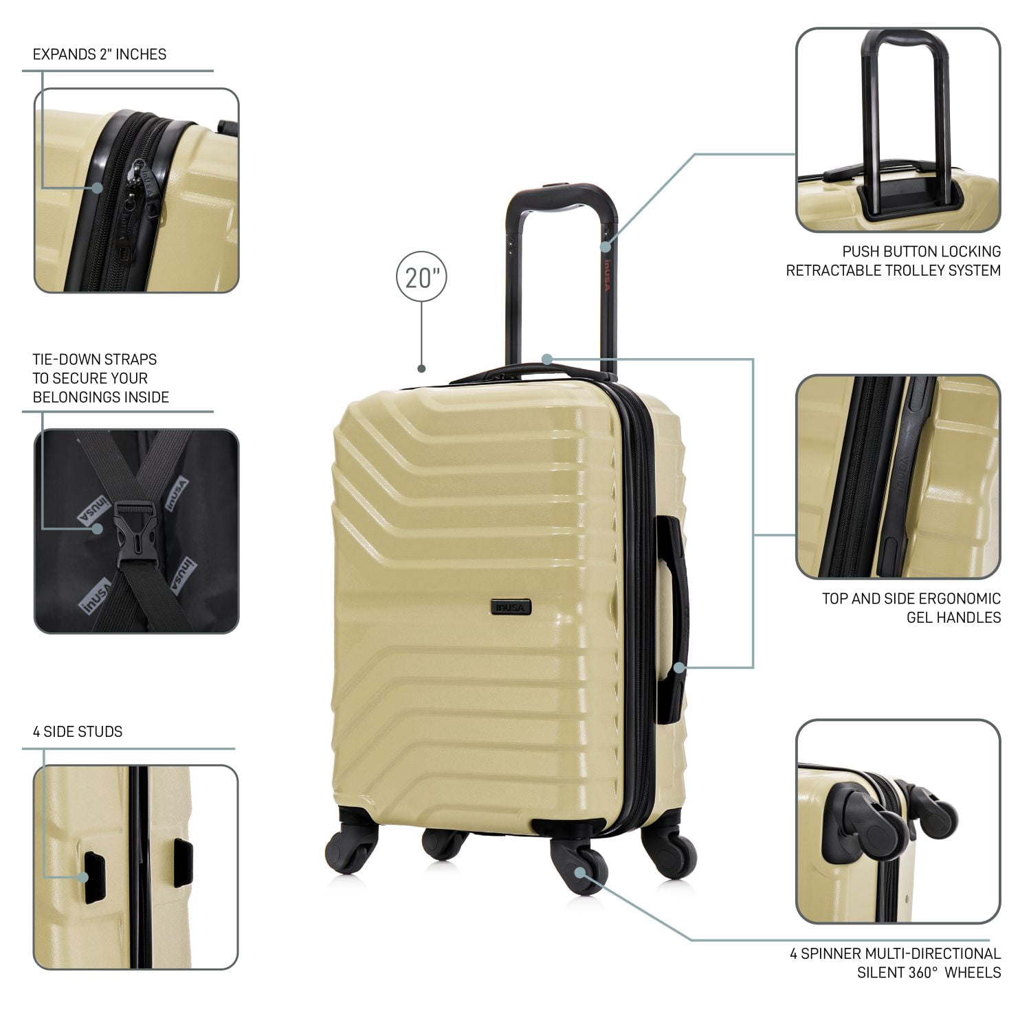 InUSA AURUM 20" Hardside Lightweight Carry On Luggage with Spinner Wheels, Handle and Trolley, Champagne