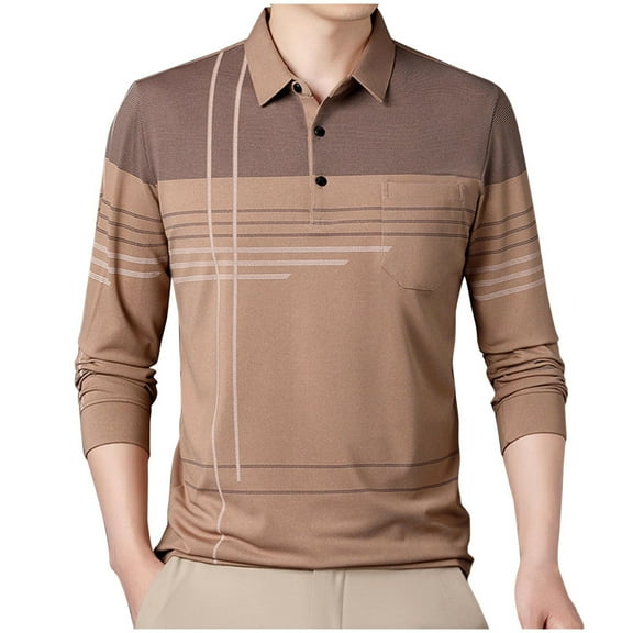 GuangCheng George Men Shirt Striped Pattern Long Sleeve Soft Comfort Breathable Casual Stylish Blouses with Pockets,Khaki,XL
