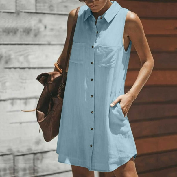 mfyjkho Vestidos casuales para mujer, Vestido de verano informal de lino y lino para mujer, con cuello en V, manga corta, botones, color liso, túnica con bolsillos Vestidos de fiesta para mujer m