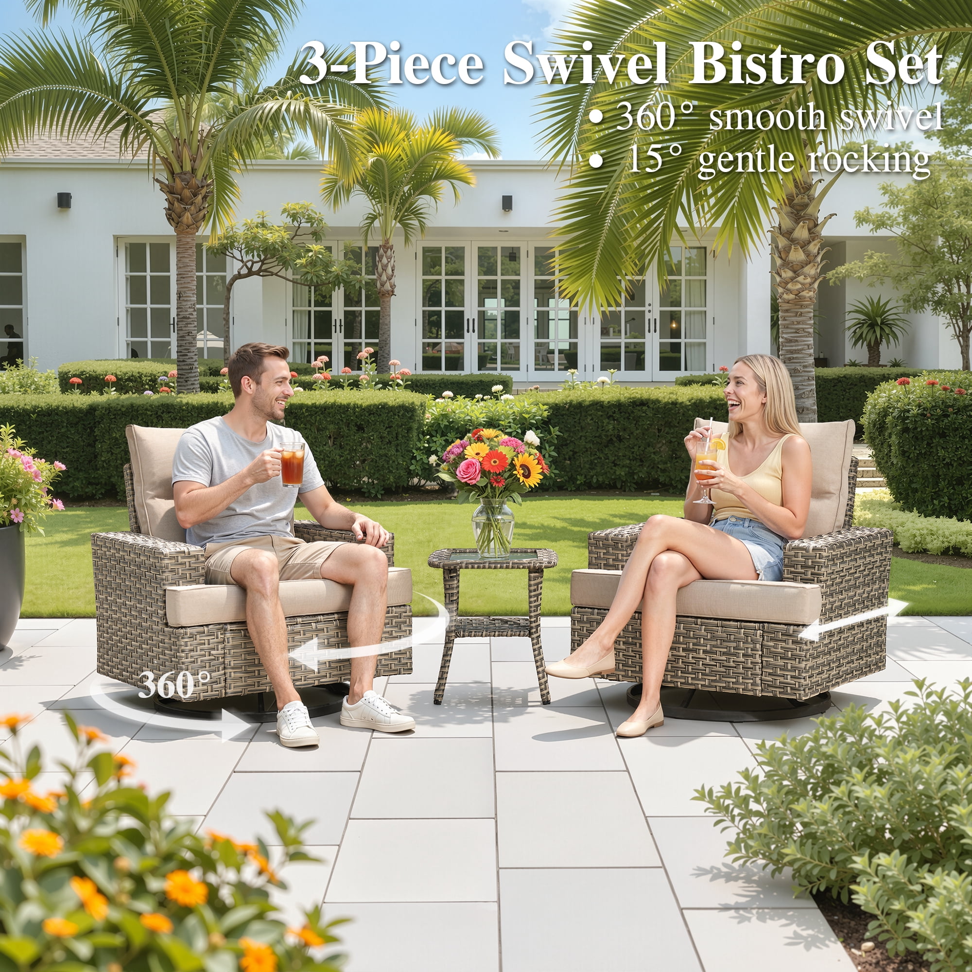 Ovios Patio Furniture Set 8 Pieces Patio Conversation Seating All-Weather Rattan Wicker Outdoor Sectionals with Swivel Rocking Chair for Backyard