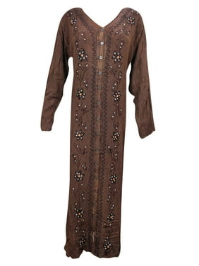 Mogul Women Long Sleeve Brown Full Length Evening Party  Gown Casual Long Maxi Dresses