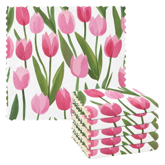 6 Pieces of Kitchen Towels 11x11Inch Kitchen Dish Cloths Kitchen Dish Towels Reuseable Cleaning Cloths Pink Tulips1