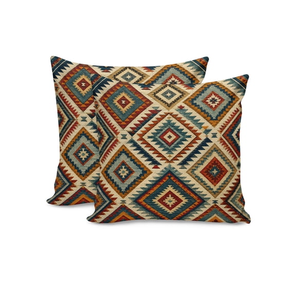 Set of 2 Bohemian Plaid Pillow Covers 18x18 Inch, Boho Southwestern Vintage Geometric Diamond Motifs Decorative Throw Pillow Cases Cotton Cushion Covers for Sofa Couch Bed Living Room Bedroom Decor