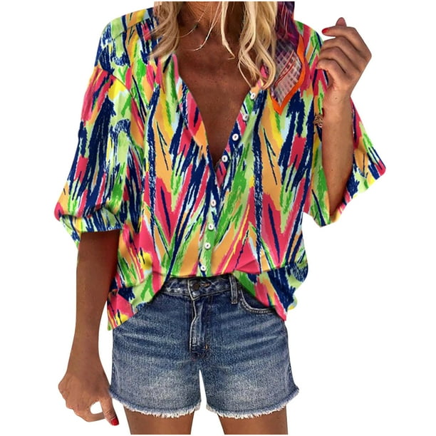 Camisa con estampado de botones con cuello en V de primavera y otoño para mujer Top suelto informal Pompotops FGAJ15582