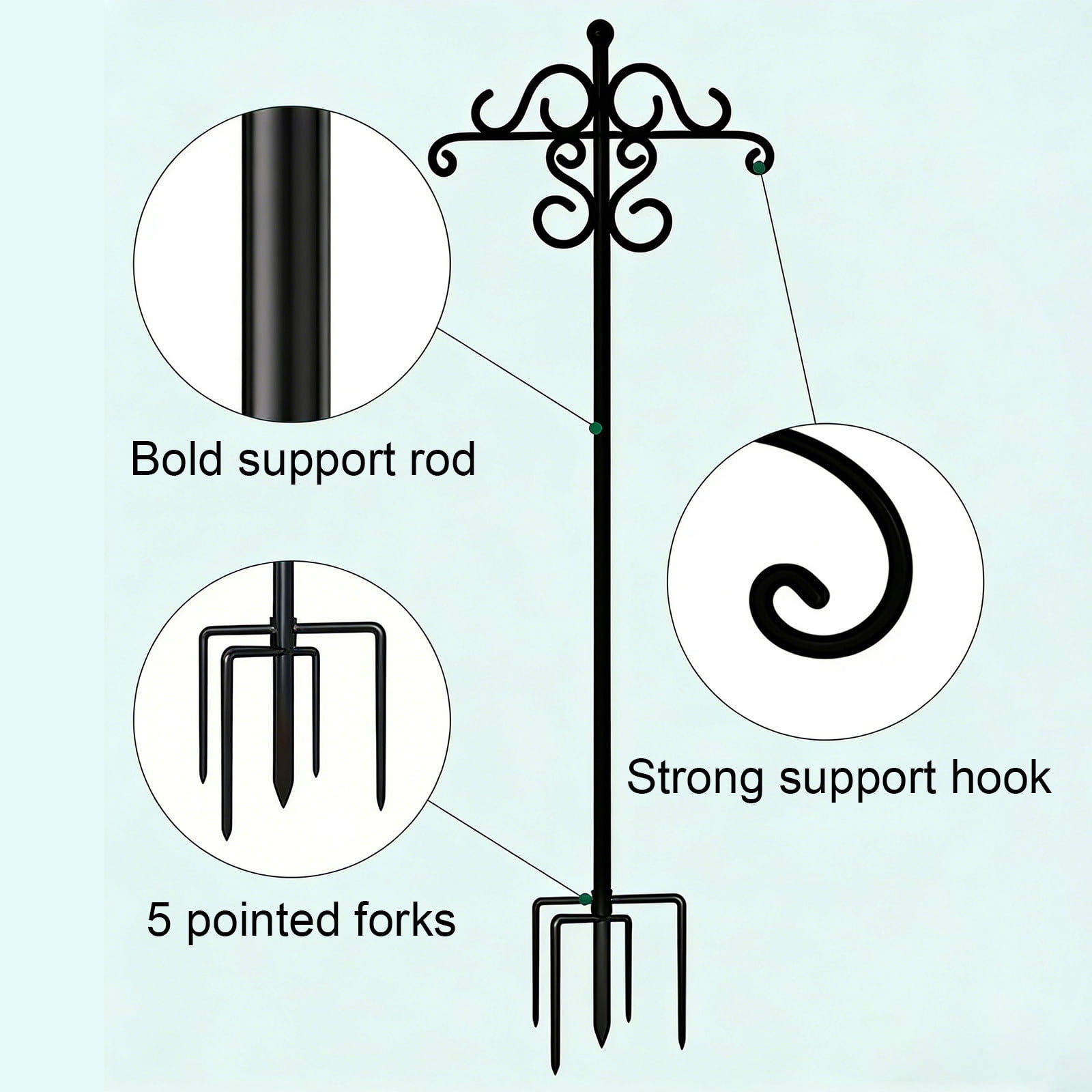 KUKIDSVO 61in Heavy Duty Shepherd Hook, Black Iron Garden Stake with Ornate Scrollwork for Hanging Plants Lanterns Bird Feeders Outdoor Yard Decor