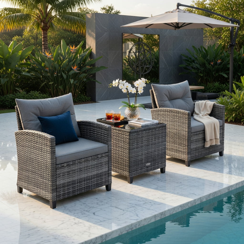 Hommoo 3-Piece Modern Outdoor Wicker Conversation Set, PE Rattan Sofa & Coffee Table with Tempered Glass Top, Weather-Resistant Cushions, Gray