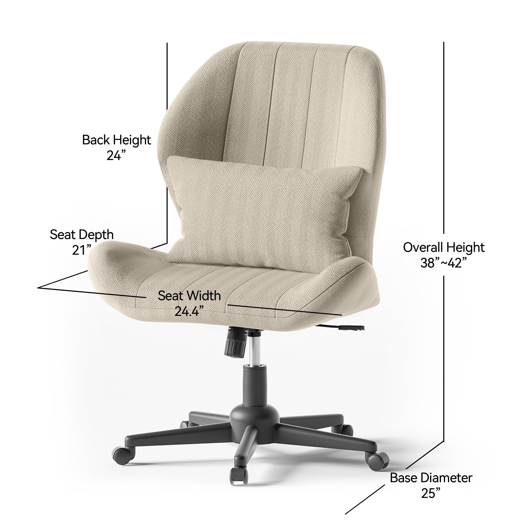 YIKEMA High Back Armless Rolling Office Chair, Wide Ergonomic Seat, Oatmeal