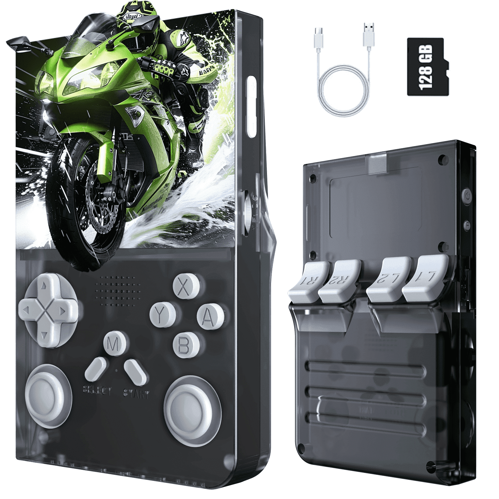 Handheld Game Console with 8000+ Classic Games, 128GB SD Card, 3.5” IPS Screen, Dual-Core 1.2GHz, 2GB RAM, HDMI Output, 3000mAh Battery – Transparent Black