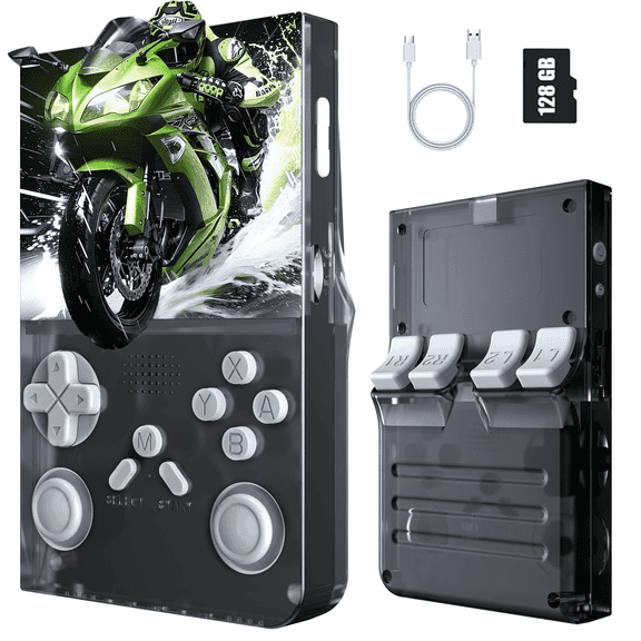 Handheld Game Console with 8000 Classic Games, 128GB SD Card, 3.5” IPS Screen, Dual-Core 1.2GHz, 2GB RAM, HDMI Output, 3000mAh Battery – Transparent Black